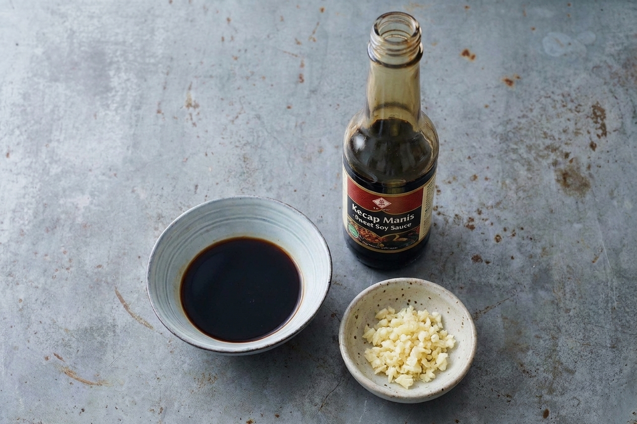 A bottle of kecap manis sweet soy sauce standing on a kitchen counter next to a small bowl of soy sauce and minced garlic