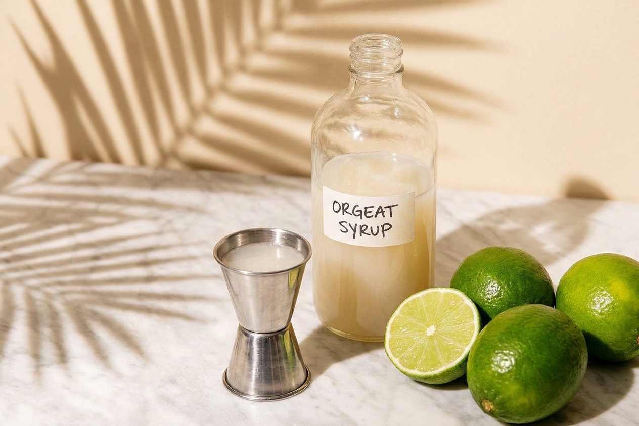 A bottle of orgeat syrup and a small measuring jigger on a kitchen counter beside fresh limes under warm natural light