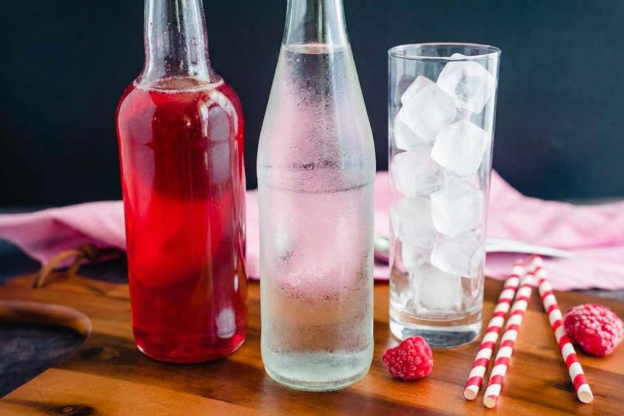 A bottle of raspberry syrup beside a chilled bottle of sparkling water and a glass filled with clear ice on a kitchen counter