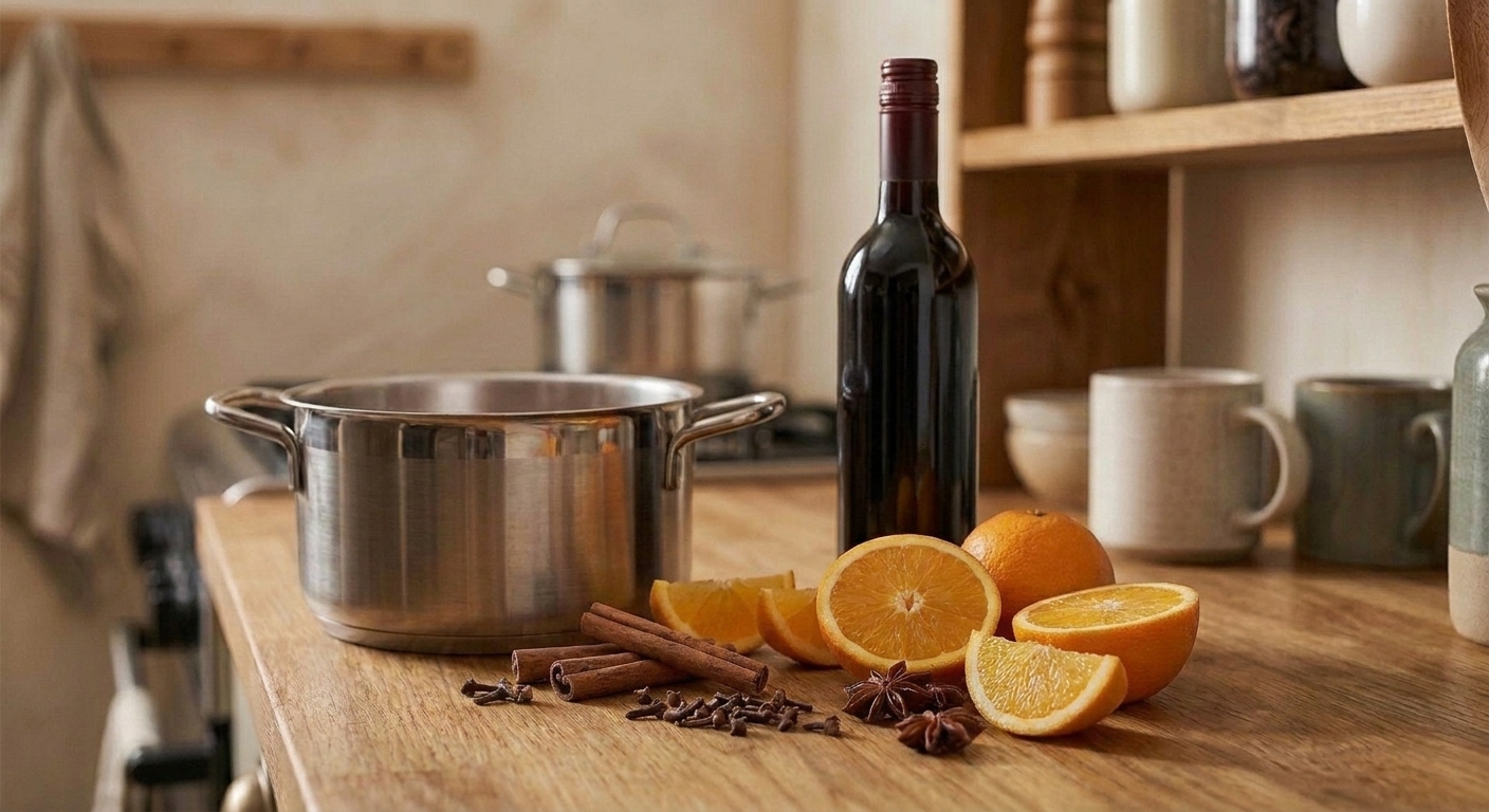 A bottle of red wine, sliced orange, cinnamon sticks, cloves, and star anise arranged on a kitchen counter beside a saucepan