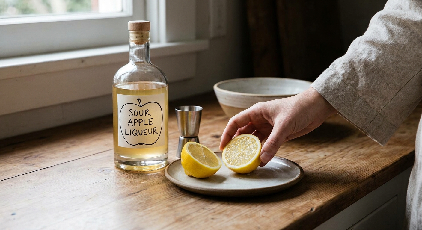 A bottle of sour apple liqueur next to a jigger and a halved lemon on a kitchen counter