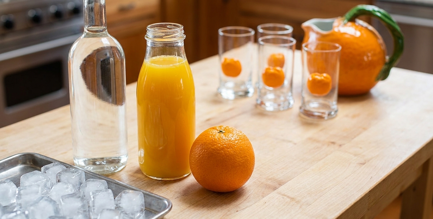 A bottle of vodka, a glass bottle of orange juice, an orange, and a tray of ice cubes arranged on a light kitchen counter