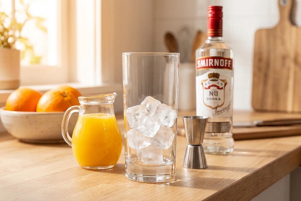A bottle of vodka, a small pitcher of orange juice, a jigger, and a glass of ice arranged on a tidy kitchen counter with warm natural light
