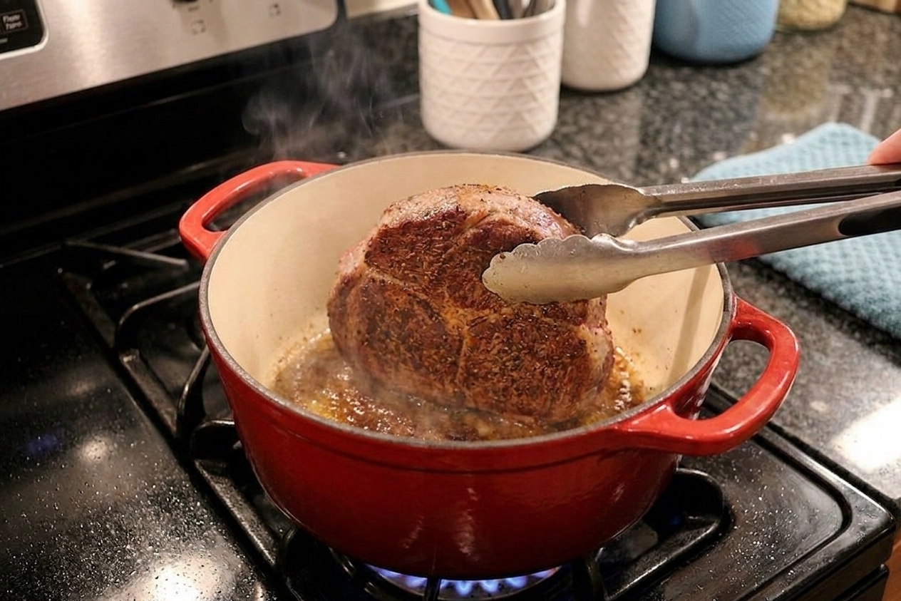 A bottom round roast being seared in a Dutch oven on a stovetop with browned crust forming, held with tongs