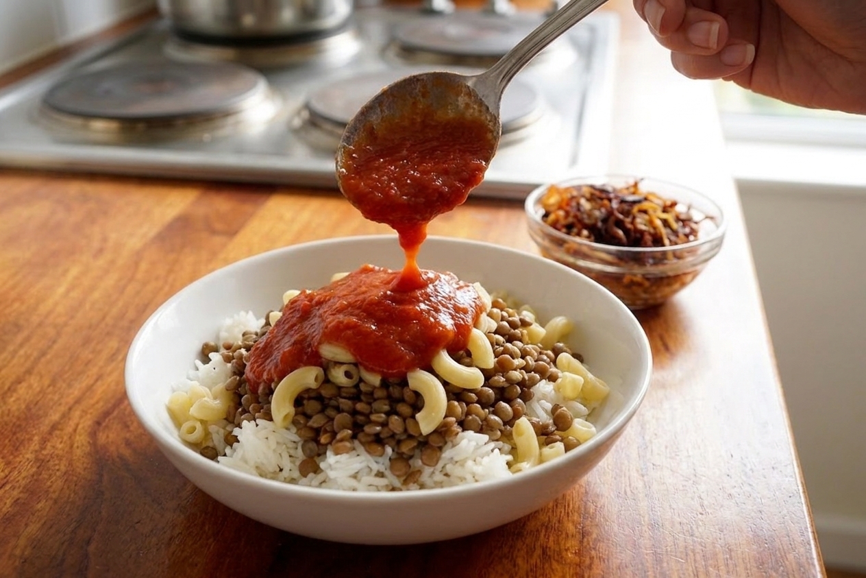 A bowl being assembled with layers of rice, lentils, and pasta, with tomato sauce spooned on top and crispy onions ready to sprinkle