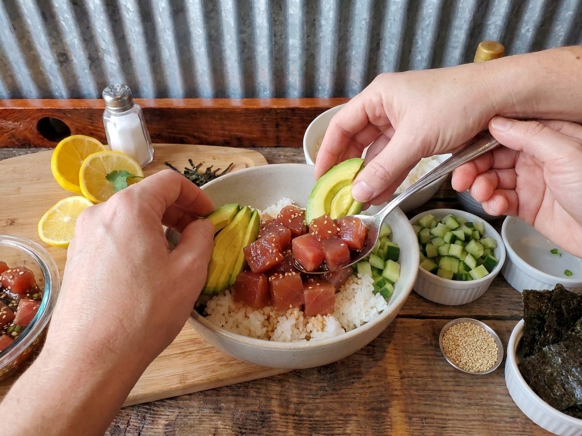 A bowl being assembled with warm sushi rice, marinated tuna, sliced cucumber, and avocado on a bright kitchen counter
