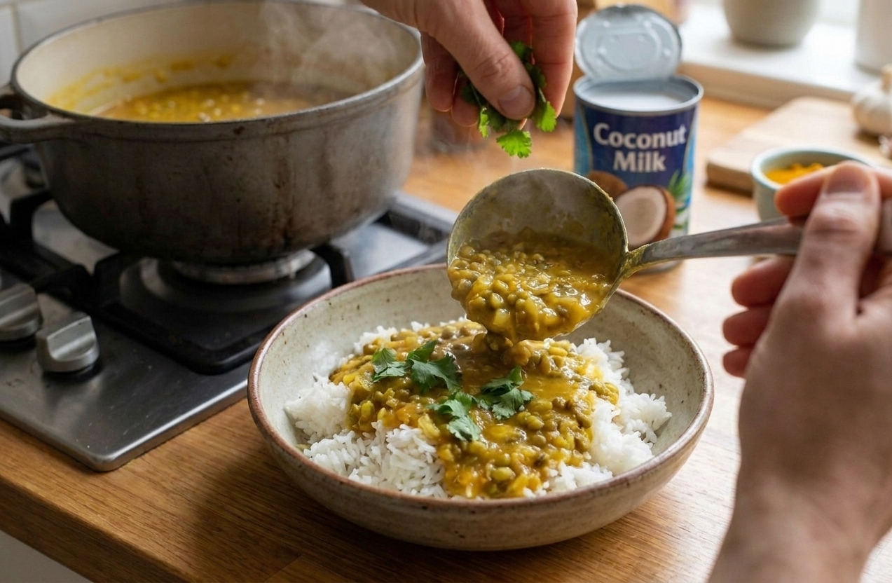 A bowl being filled with mung bean coconut curry over white rice on a kitchen counter, with cilantro scattered on top