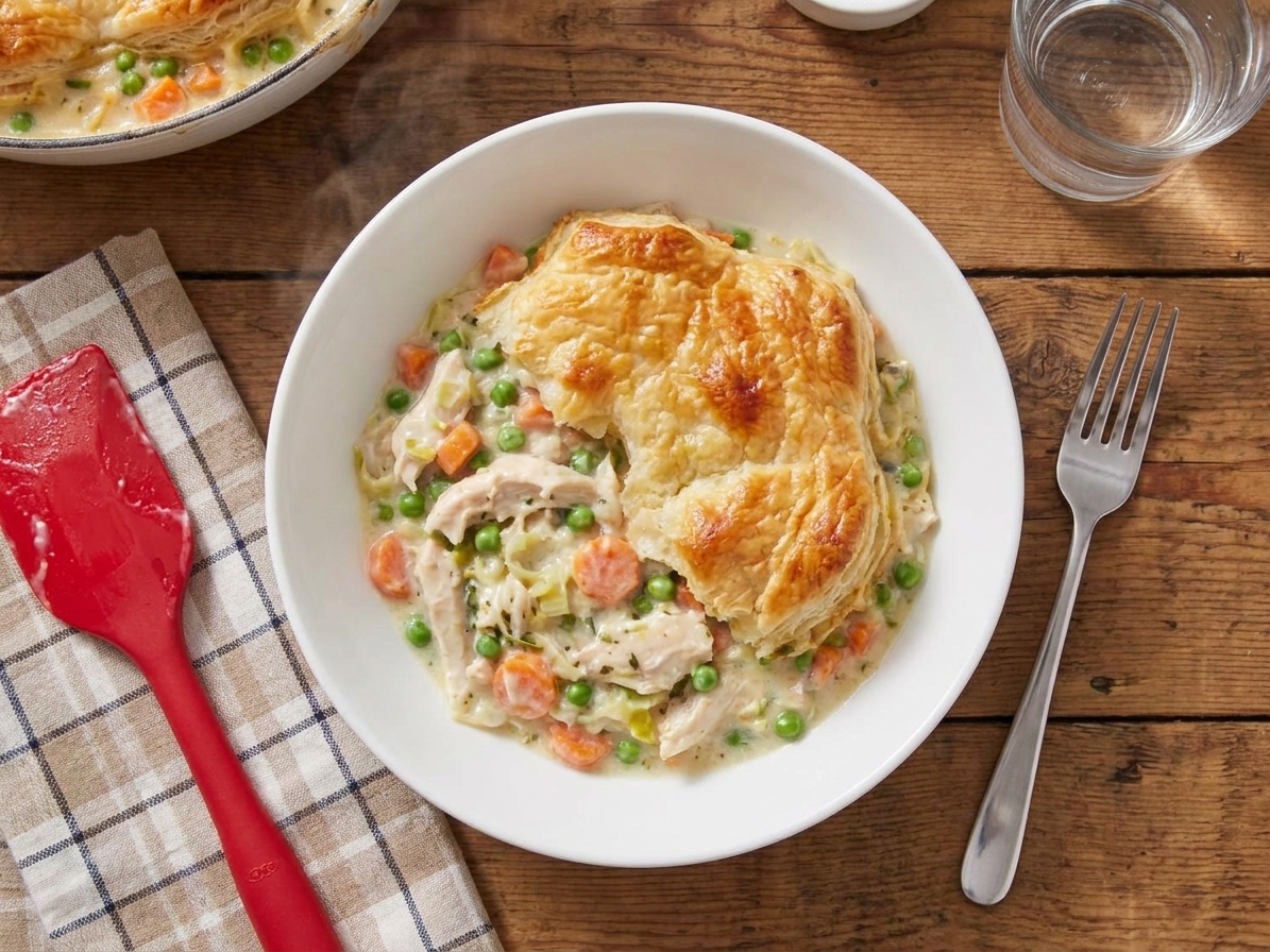 A bowl filled with a scoop of chicken pot pie showing creamy chicken and vegetables under a fluffy golden topping on a dinner table
