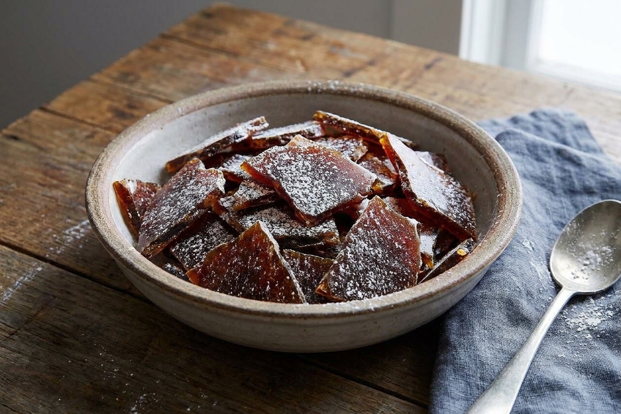 A bowl filled with broken hard candy shards lightly dusted with powdered sugar on a wooden table