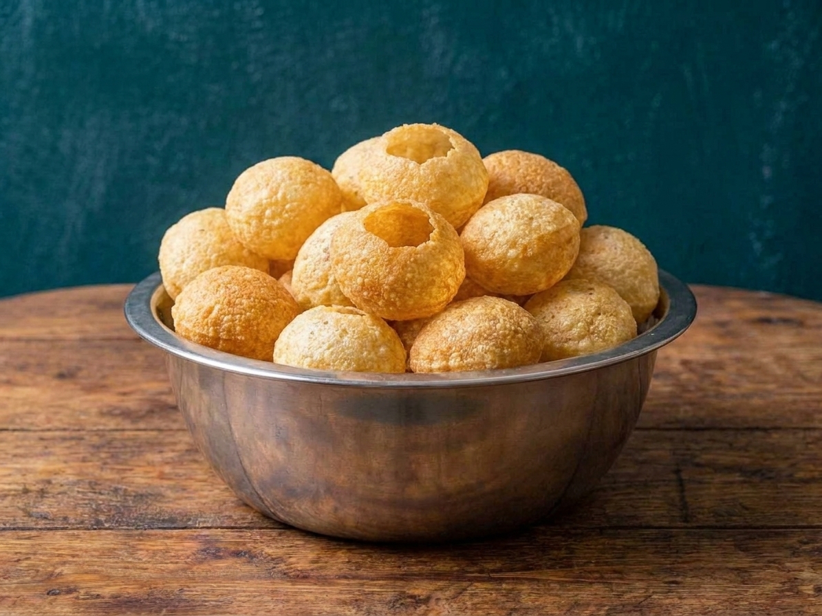 A bowl filled with crisp, hollow pani puri shells on a wooden table