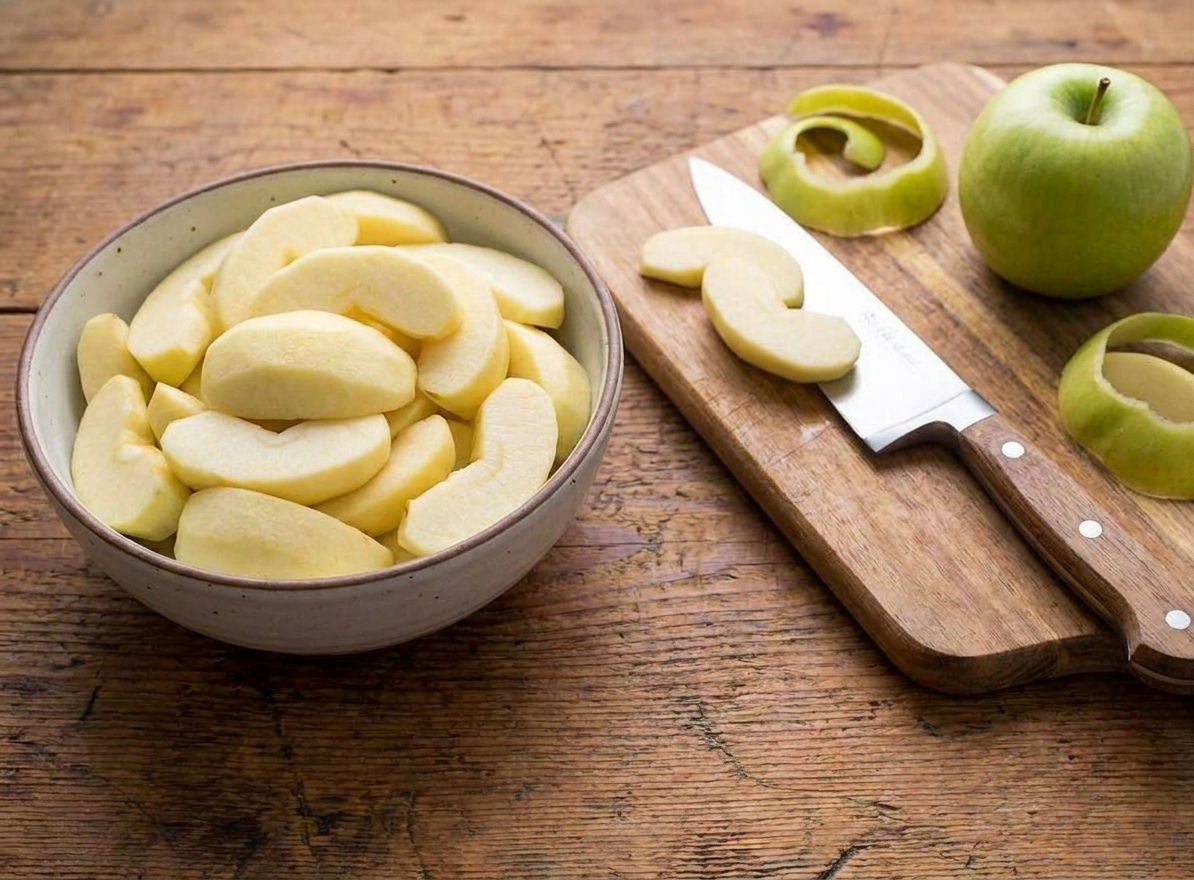 A bowl filled with evenly sliced peeled apples on a kitchen counter next to a knife and cutting board