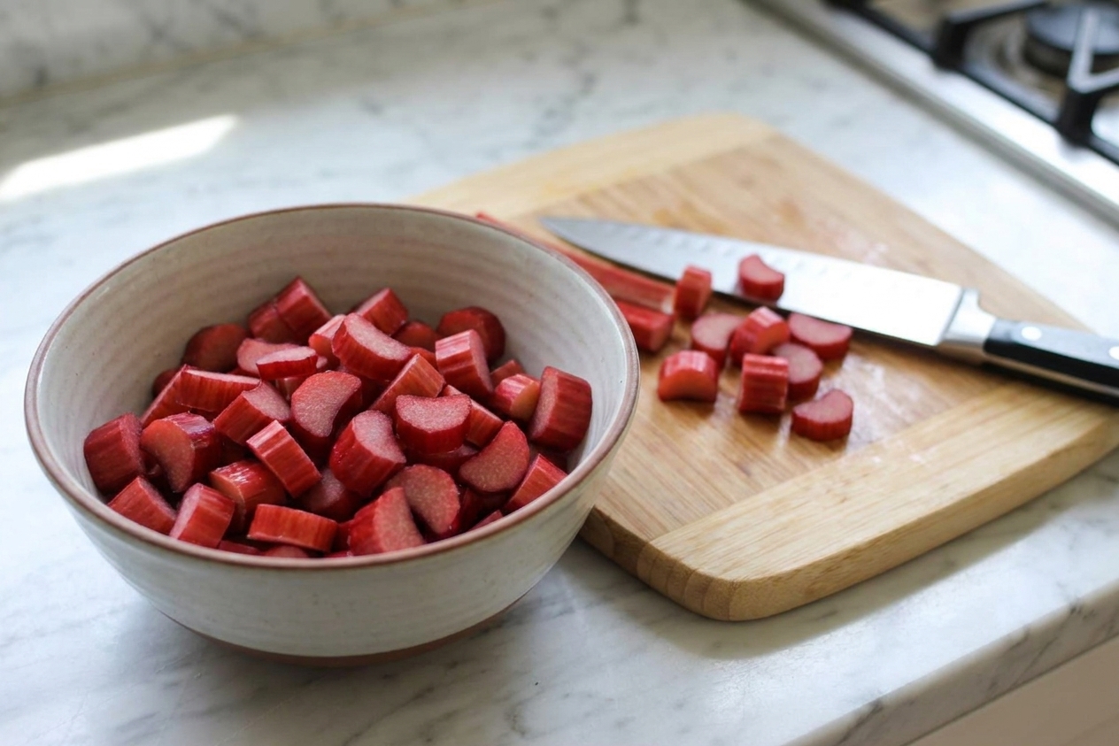 A bowl filled with evenly sliced rhubarb pieces on a kitchen counter beside a chef's knife and cutting board