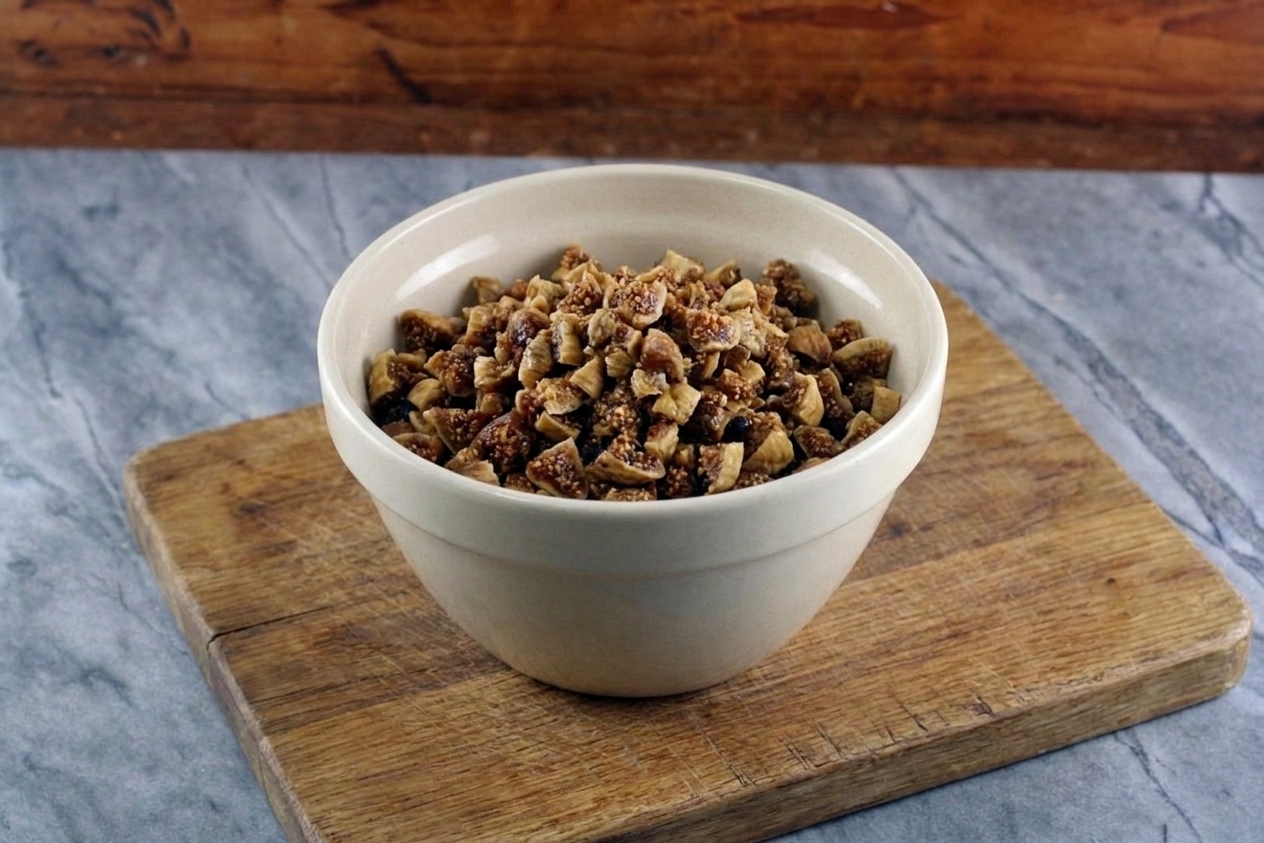 A bowl filled with finely chopped dried figs on a wooden cutting board in a home kitchen