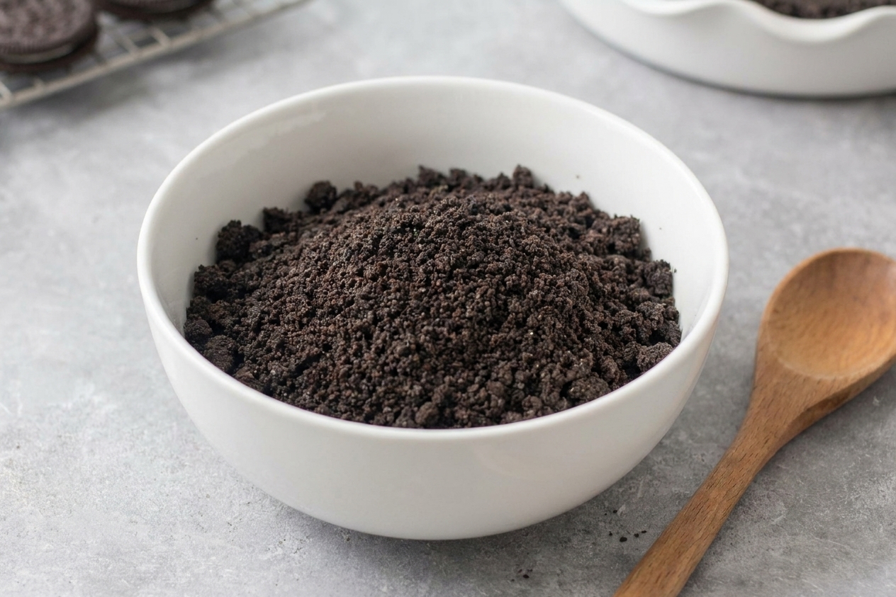 A bowl filled with finely crushed Oreo cookie crumbs on a kitchen counter, with a wooden spoon resting beside it