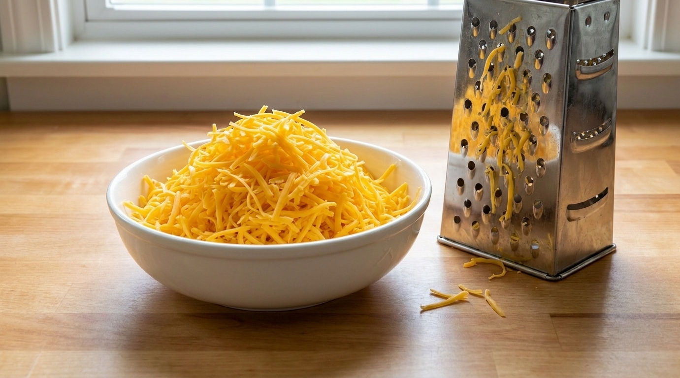 A bowl filled with finely shredded cheddar cheese on a kitchen counter next to a box grater
