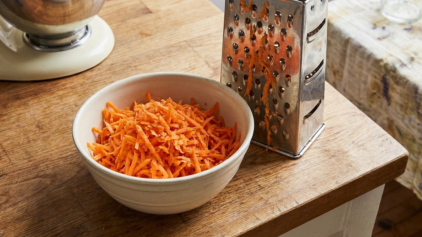 A bowl filled with freshly grated carrots on a kitchen counter next to a box grater