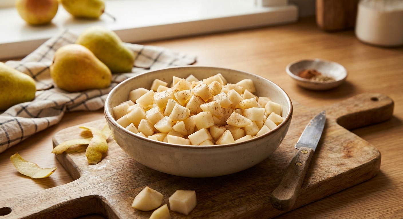 A bowl filled with freshly peeled and diced pears on a wooden cutting board beside a knife, in warm kitchen light