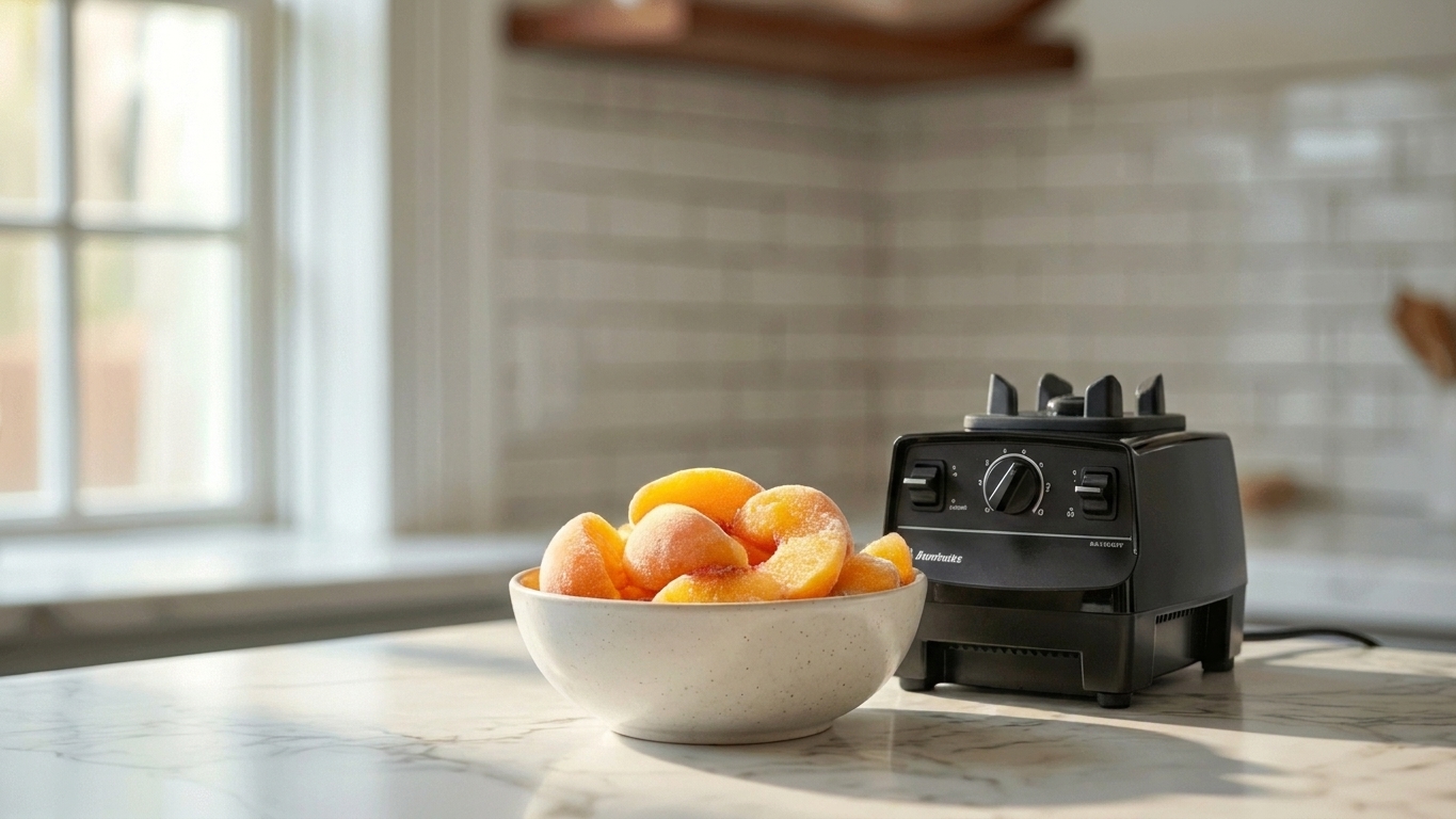 A bowl filled with frozen peach slices on a kitchen counter next to a blender base