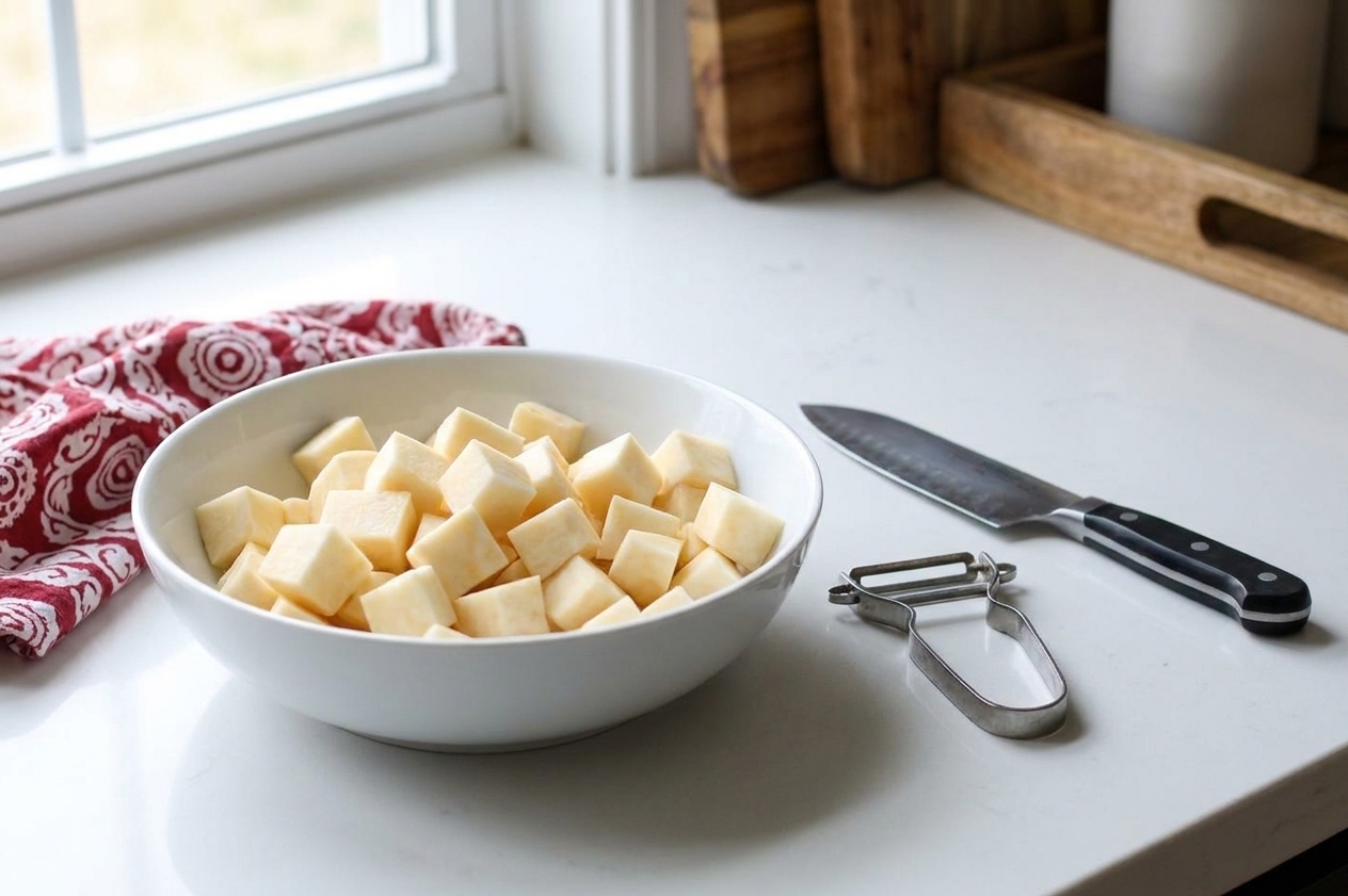 A bowl filled with peeled rutabaga cubes beside a vegetable peeler and a chef’s knife on a clean kitchen counter