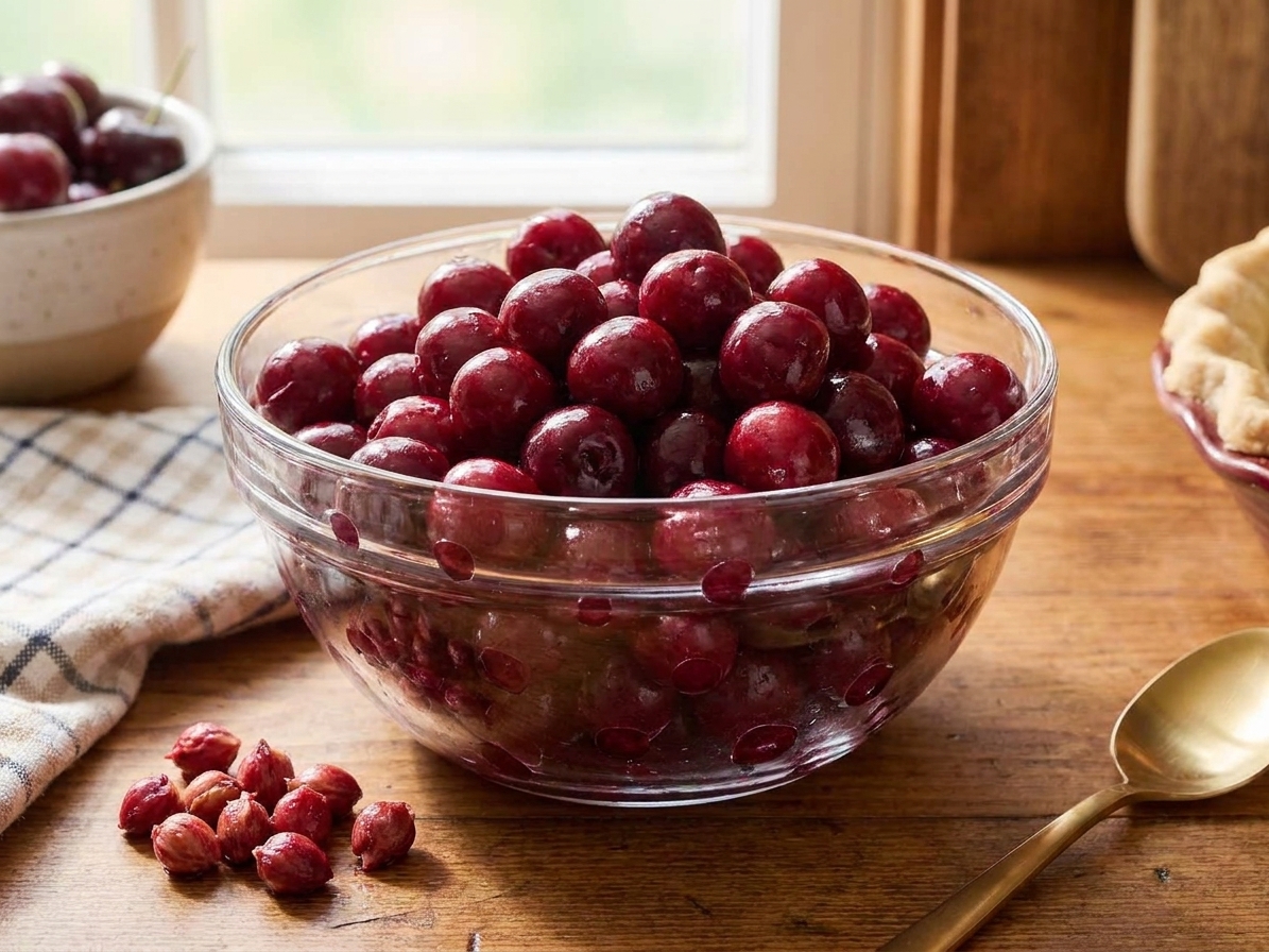 A bowl filled with pitted cherries, with a small pile of pits off to the side on a kitchen counter