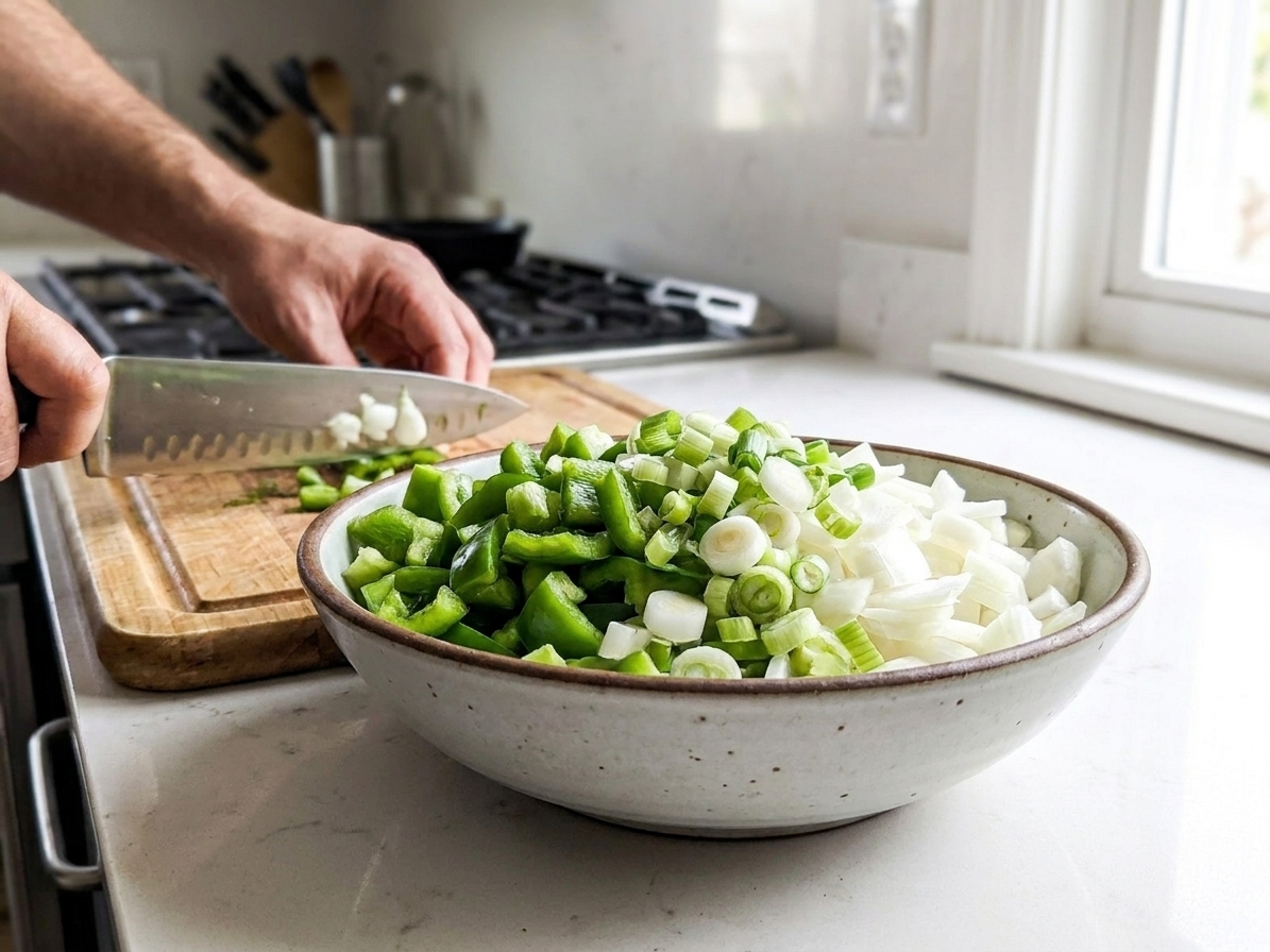A bowl filled with roughly chopped green peppers, onions, and scallions on a kitchen counter