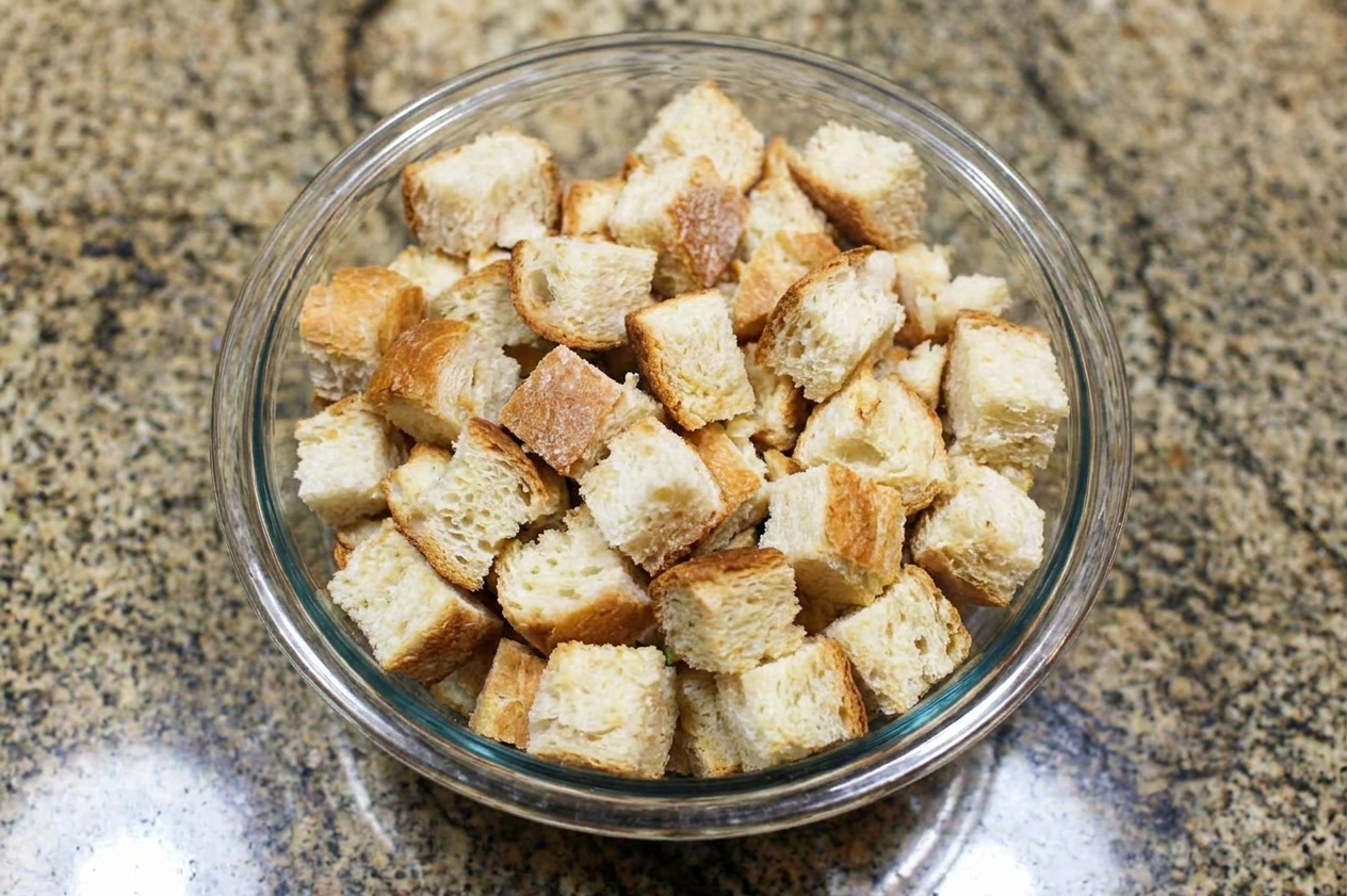 A bowl filled with rustic bread cubes ready to be used for breakfast strata on a kitchen counter