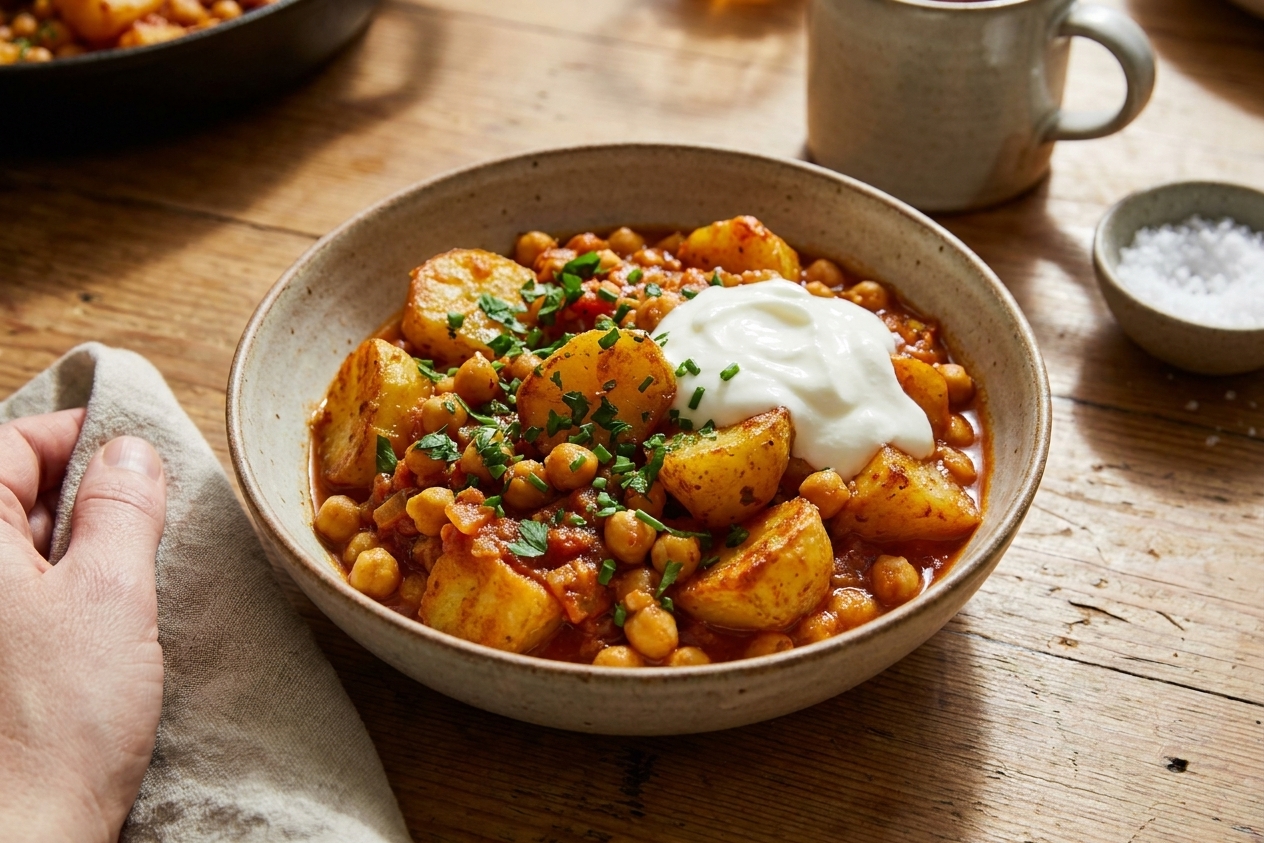 A bowl filled with saucy potatoes and chickpeas topped with fresh herbs and a dollop of yogurt, set on a simple dinner table