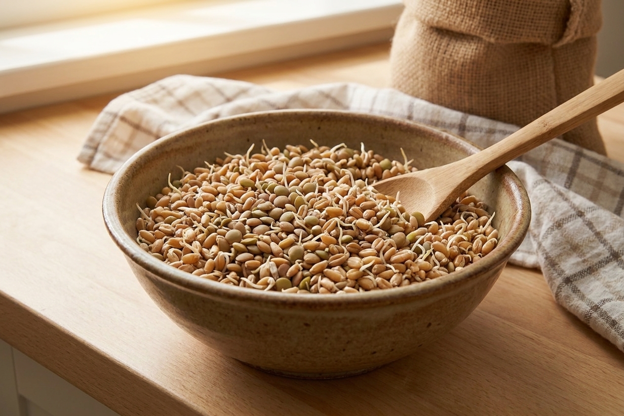A bowl filled with sprouted wheat berries, sprouted lentils, and other grains, showing small white sprout tails