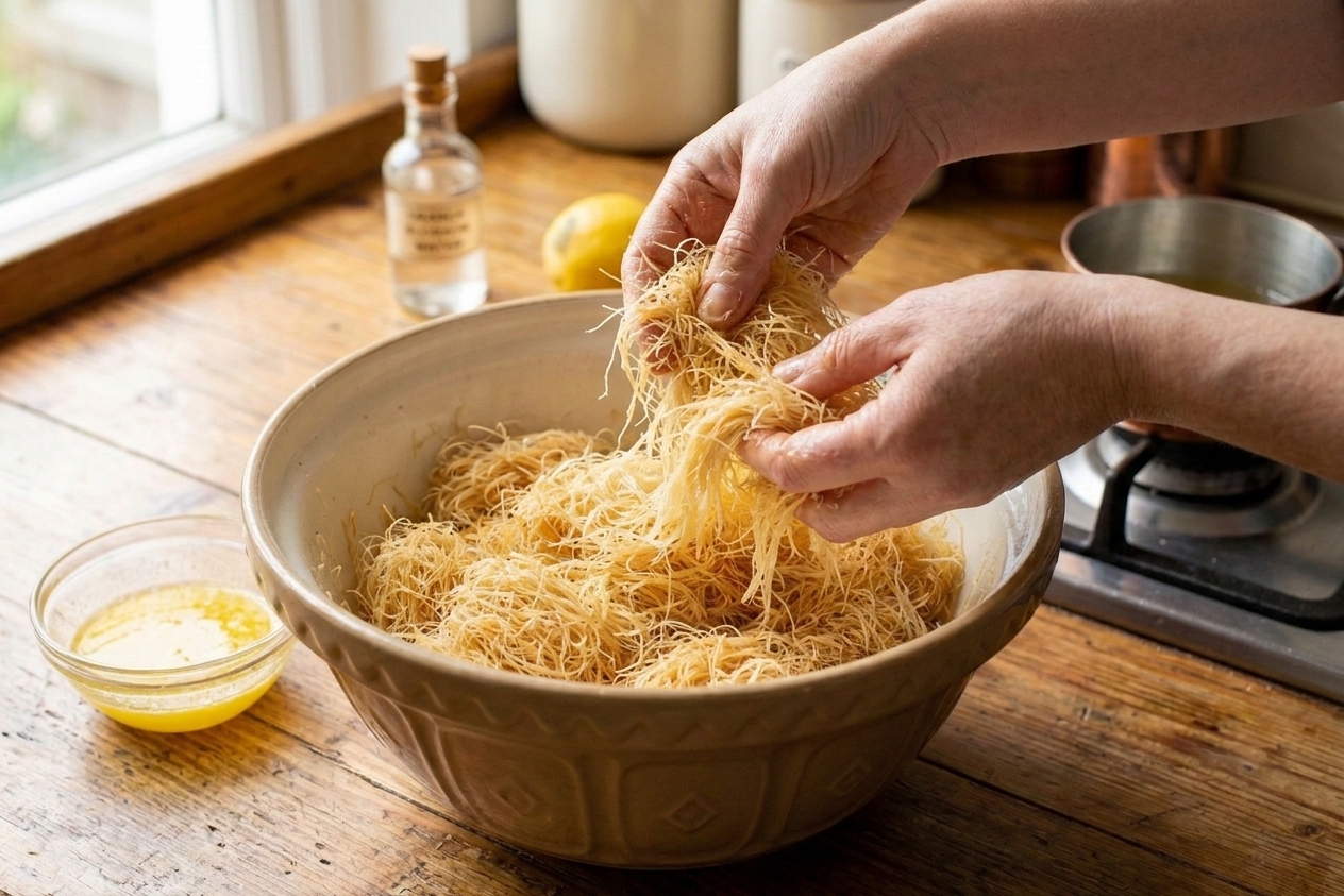 A bowl filled with thawed kataifi dough strands being gently separated on a kitchen counter, with melted butter nearby