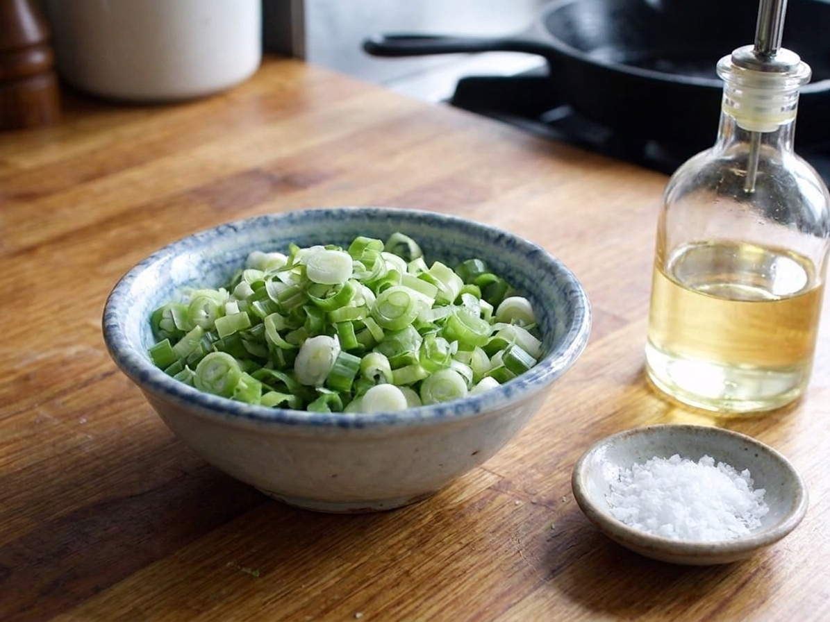 A bowl filled with thinly sliced scallions on a kitchen counter next to a small bowl of salt and a bottle of neutral oil