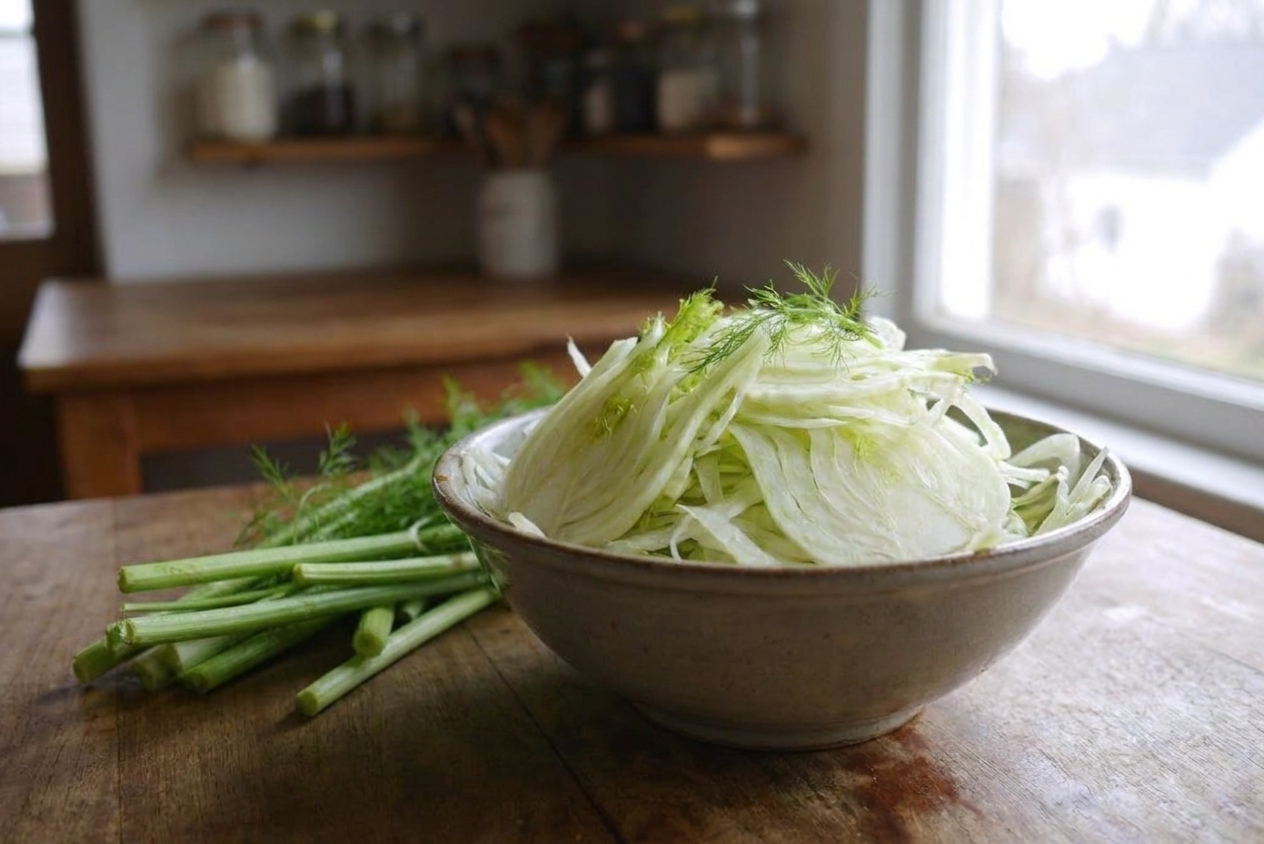 A bowl filled with very thinly sliced fennel, pale green and white, on a kitchen counter