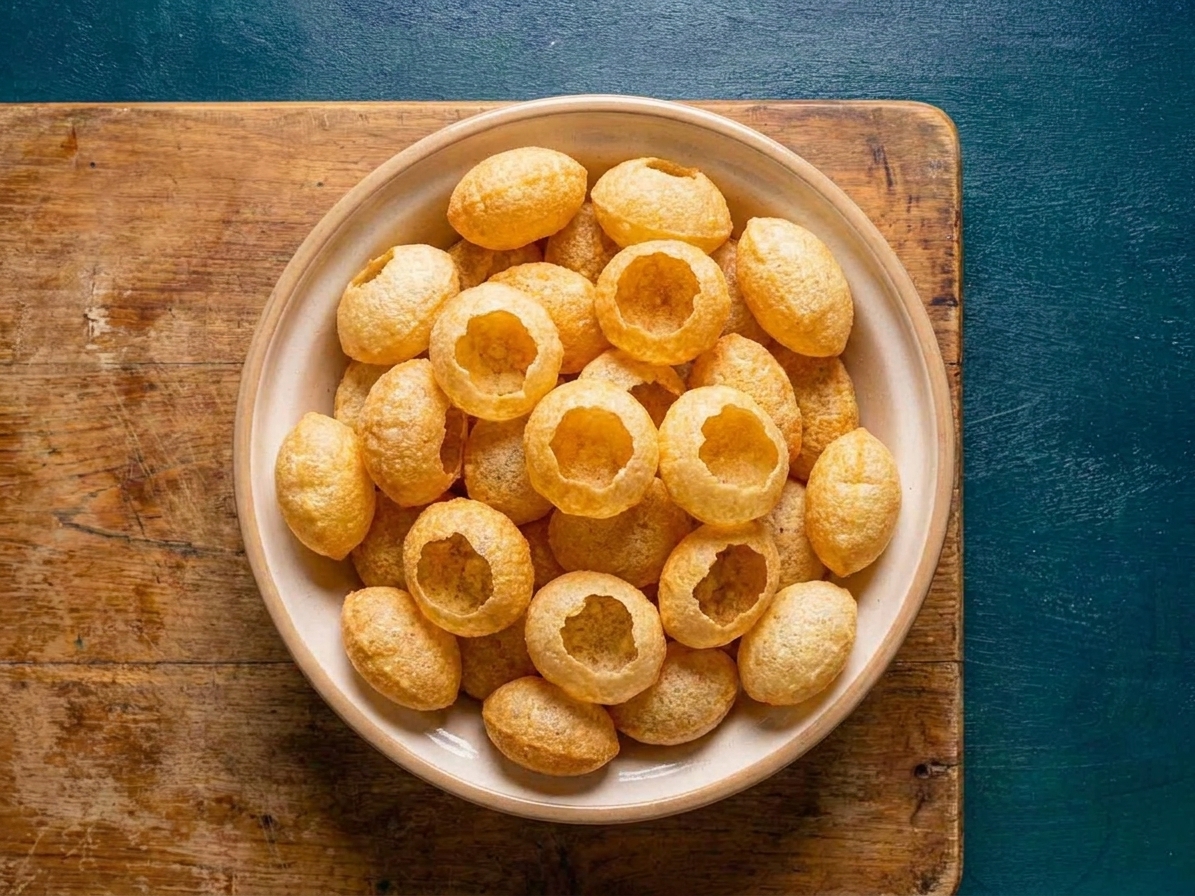 A bowl full of crisp, hollow puri shells on a wooden kitchen table