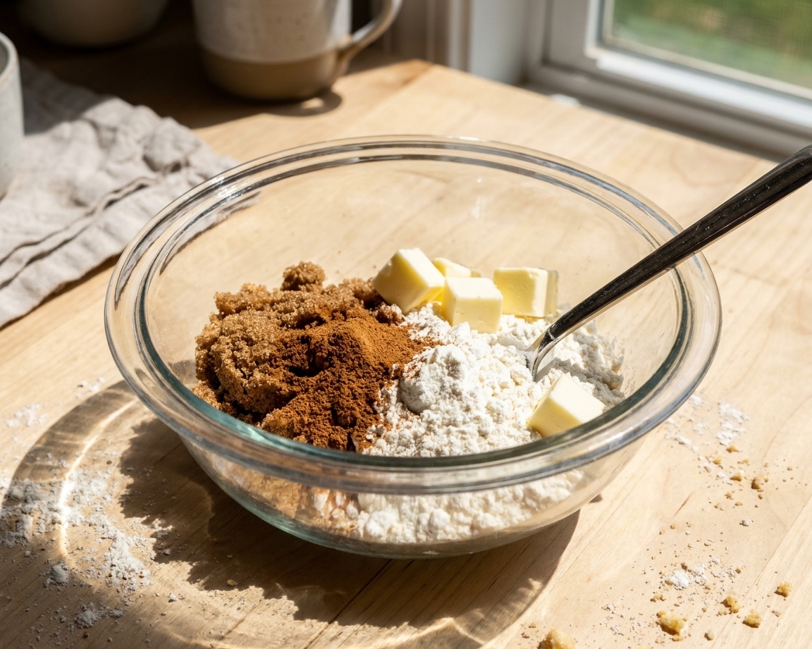 A bowl holding brown sugar, cinnamon, Bisquick mix, and cold butter cubes ready to be mixed into streusel on a kitchen counter with warm, consistent lighting