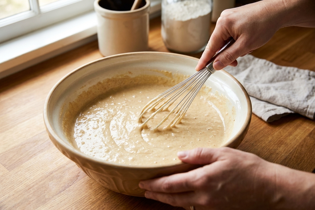 A bowl of Amish Friendship Bread batter being whisked until smooth on a bright kitchen counter