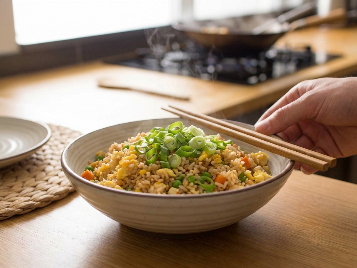 A bowl of Benihana-style fried rice topped with sliced green onions on a simple dinner table setting
