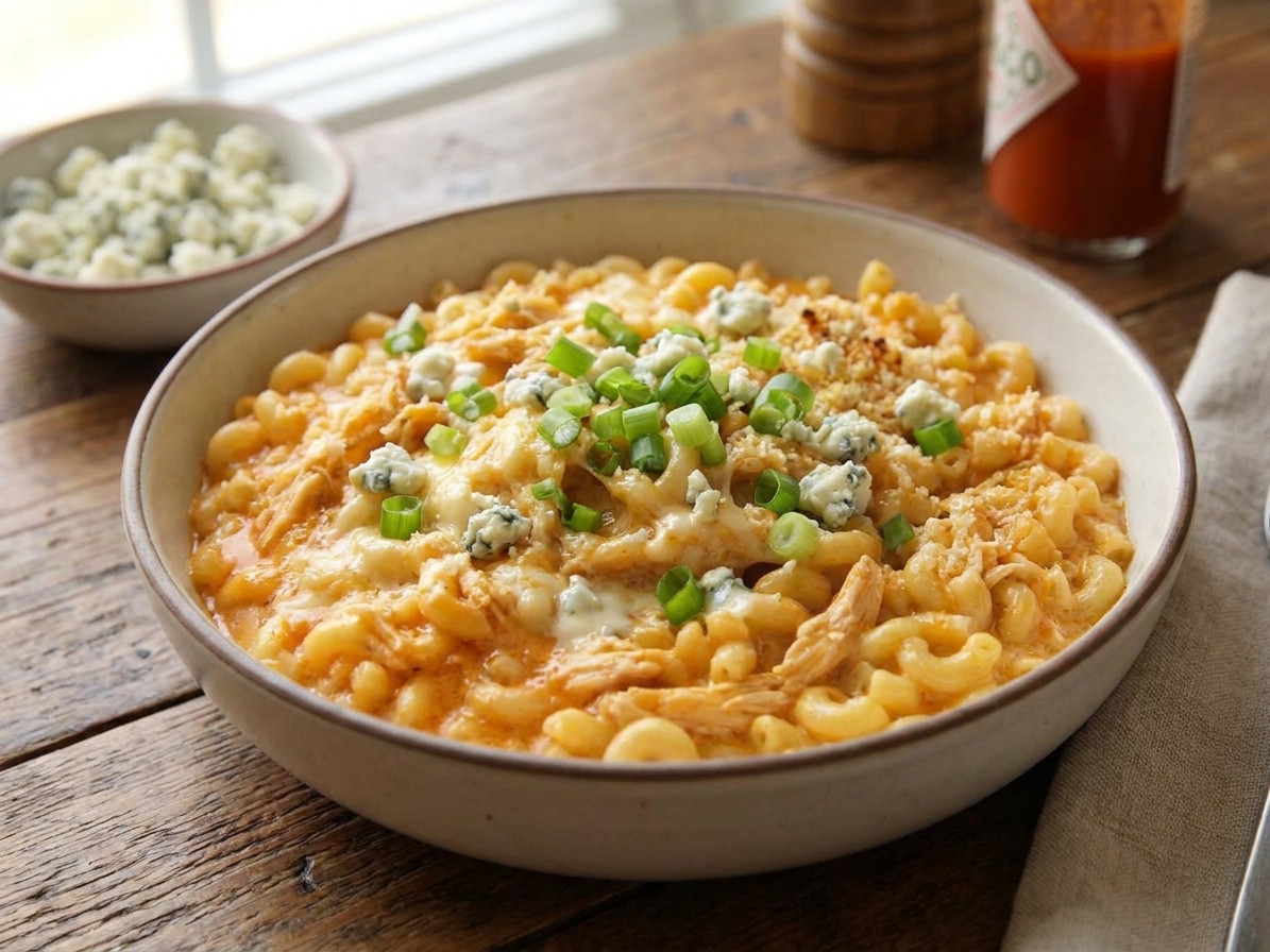A bowl of Buffalo chicken mac and cheese topped with sliced scallions and crumbled blue cheese on a wooden table