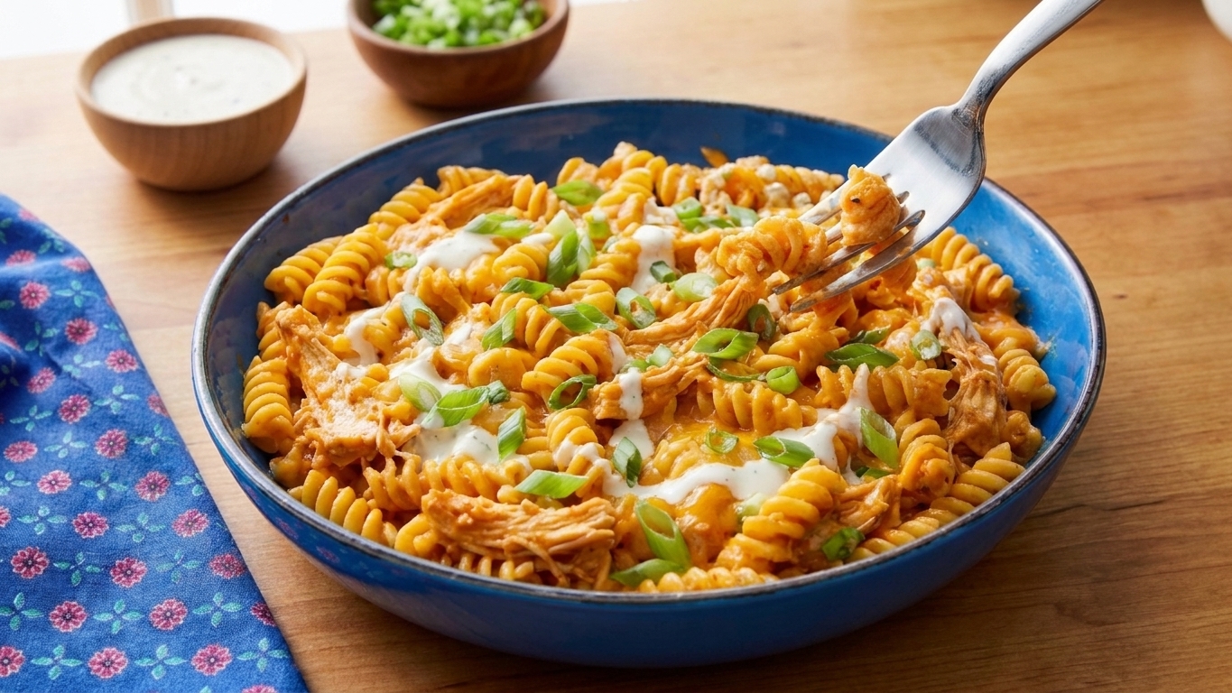 A bowl of Buffalo chicken pasta topped with sliced green onions and a light drizzle of ranch on a dinner table with a fork