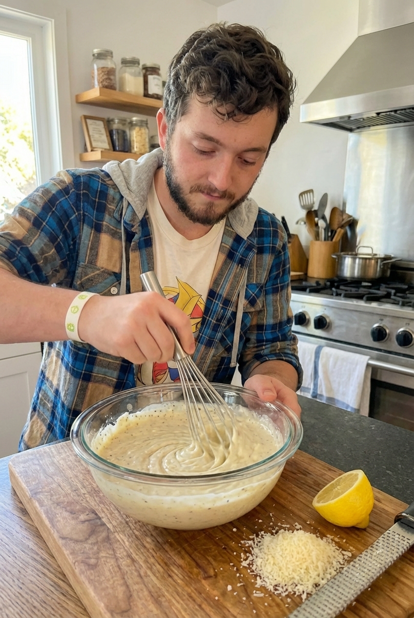 A bowl of Caesar dressing being whisked until smooth with a lemon wedge and grated Parmesan on the side