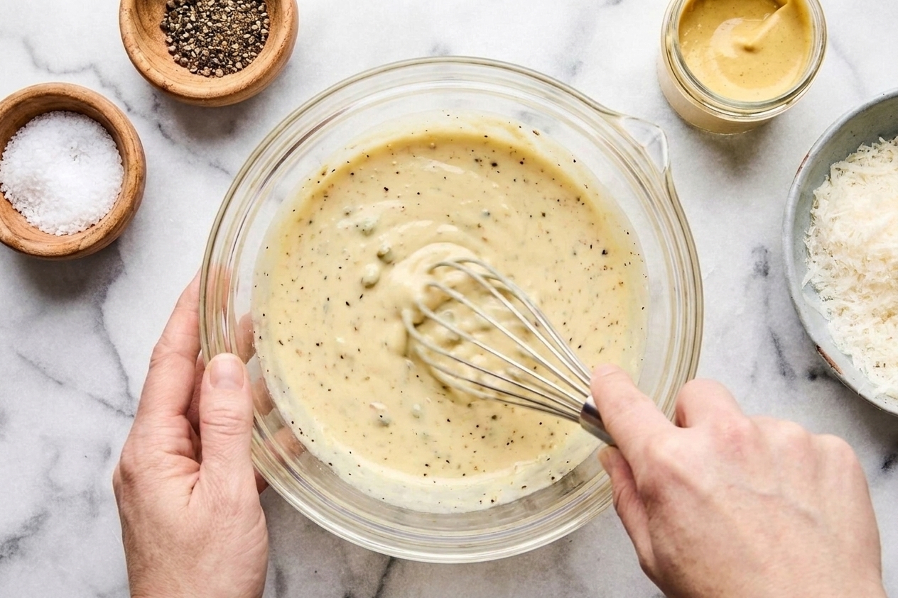 A bowl of Caesar dressing being whisked until smooth and creamy