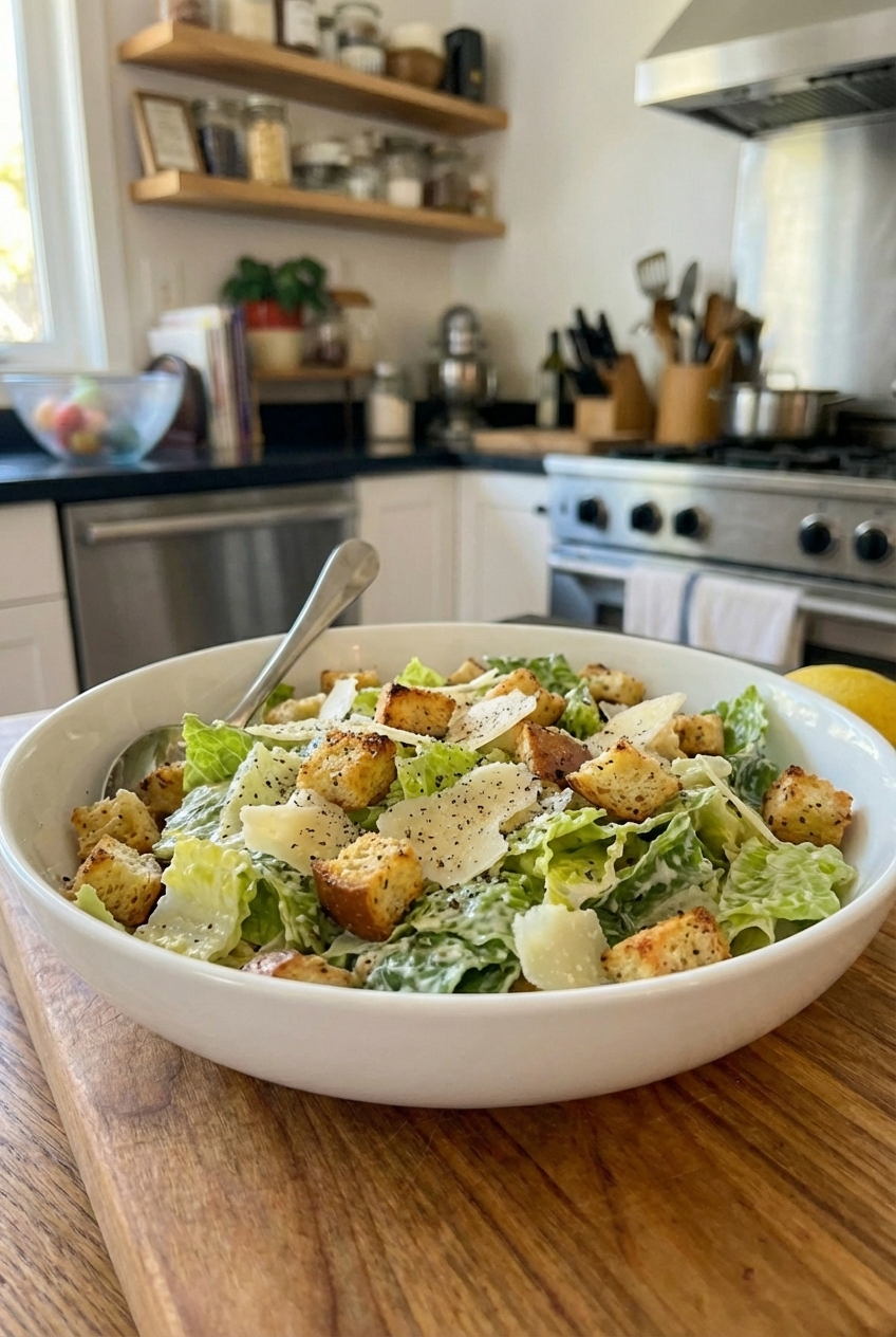 A bowl of Caesar salad with crisp romaine, golden croutons, shaved Parmesan, and freshly cracked black pepper