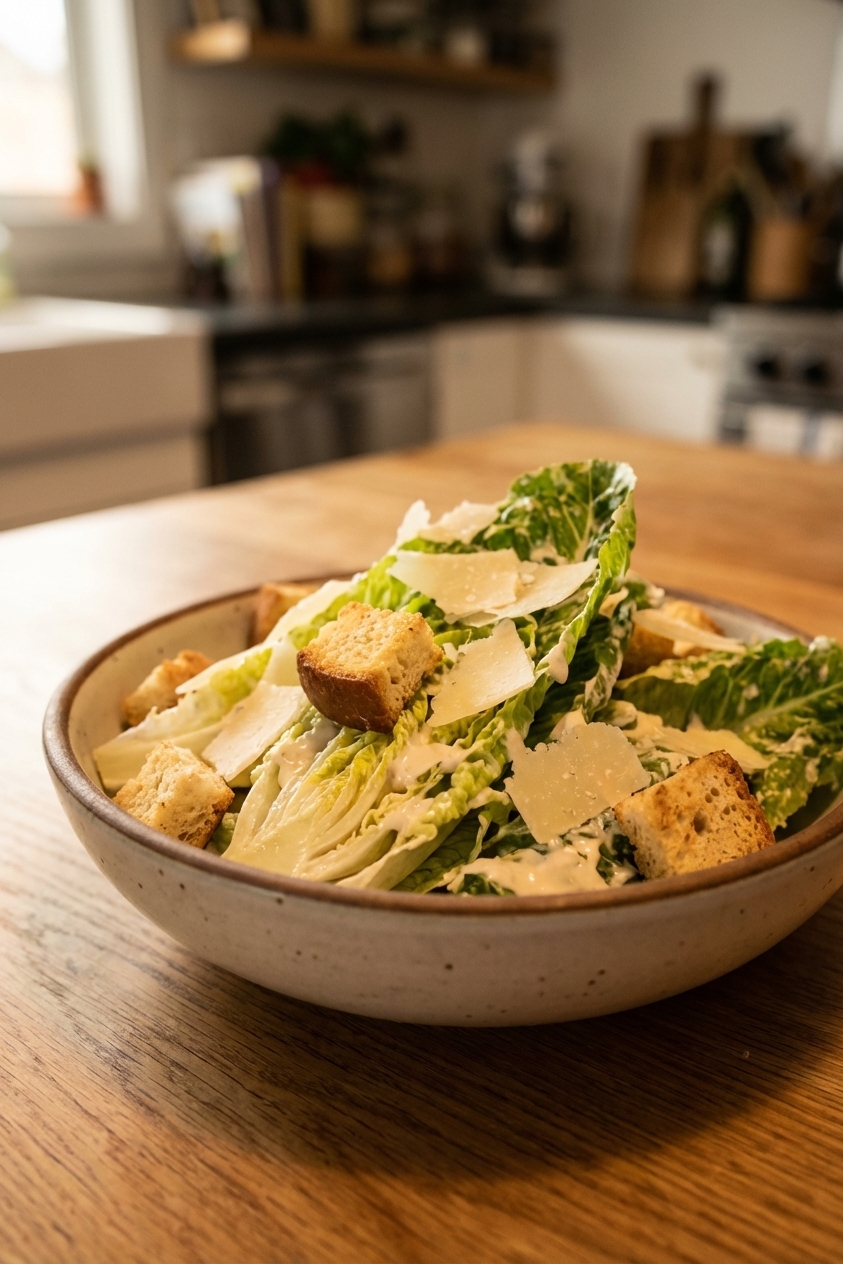 A bowl of Caesar salad with croutons and shaved Parmesan