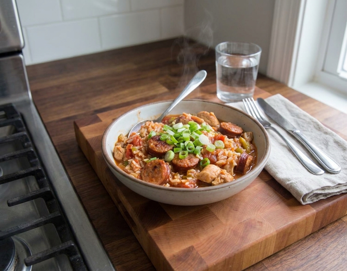 A bowl of Creole jambalaya on a wooden table, topped with sliced green onions, with a spoon and a simple dinner setting in warm light