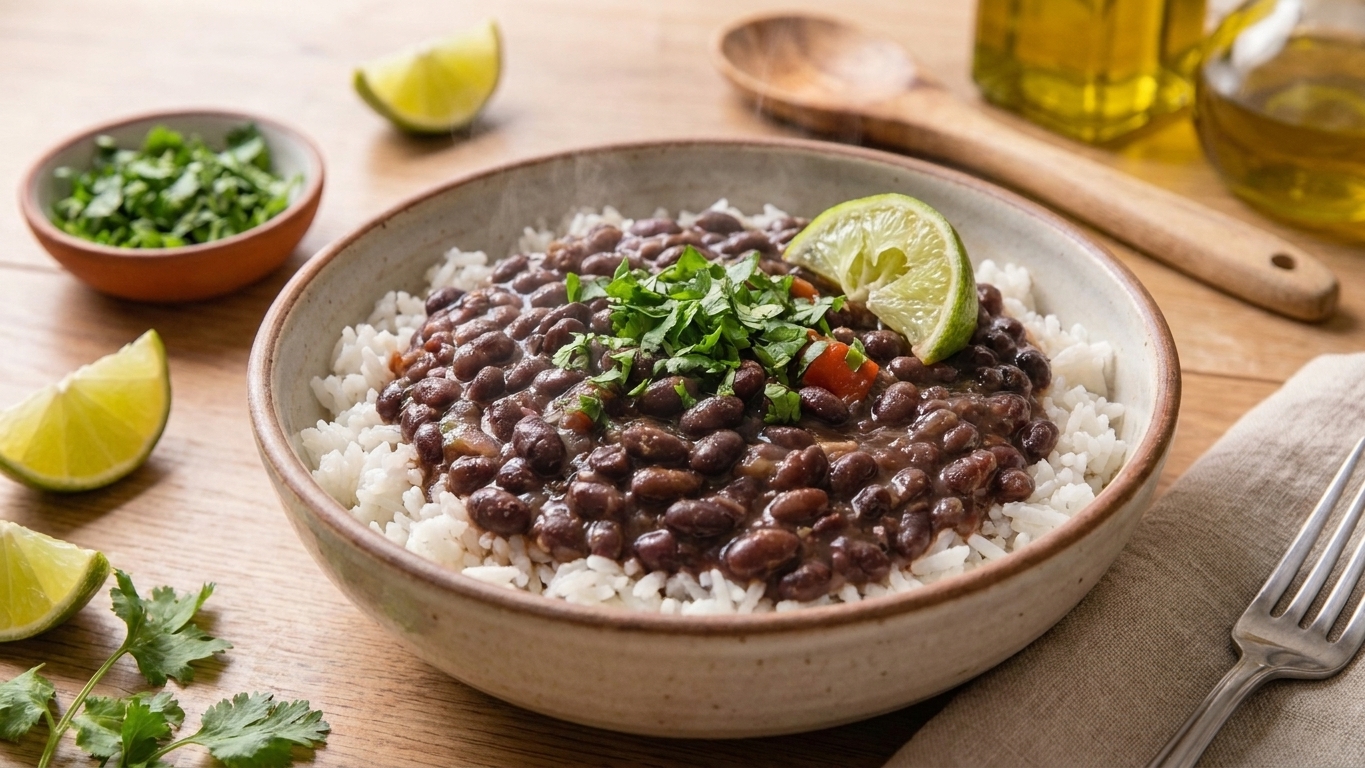 A bowl of Cuban black beans served over fluffy white rice, garnished with chopped cilantro and lime wedges on a simple dinner table