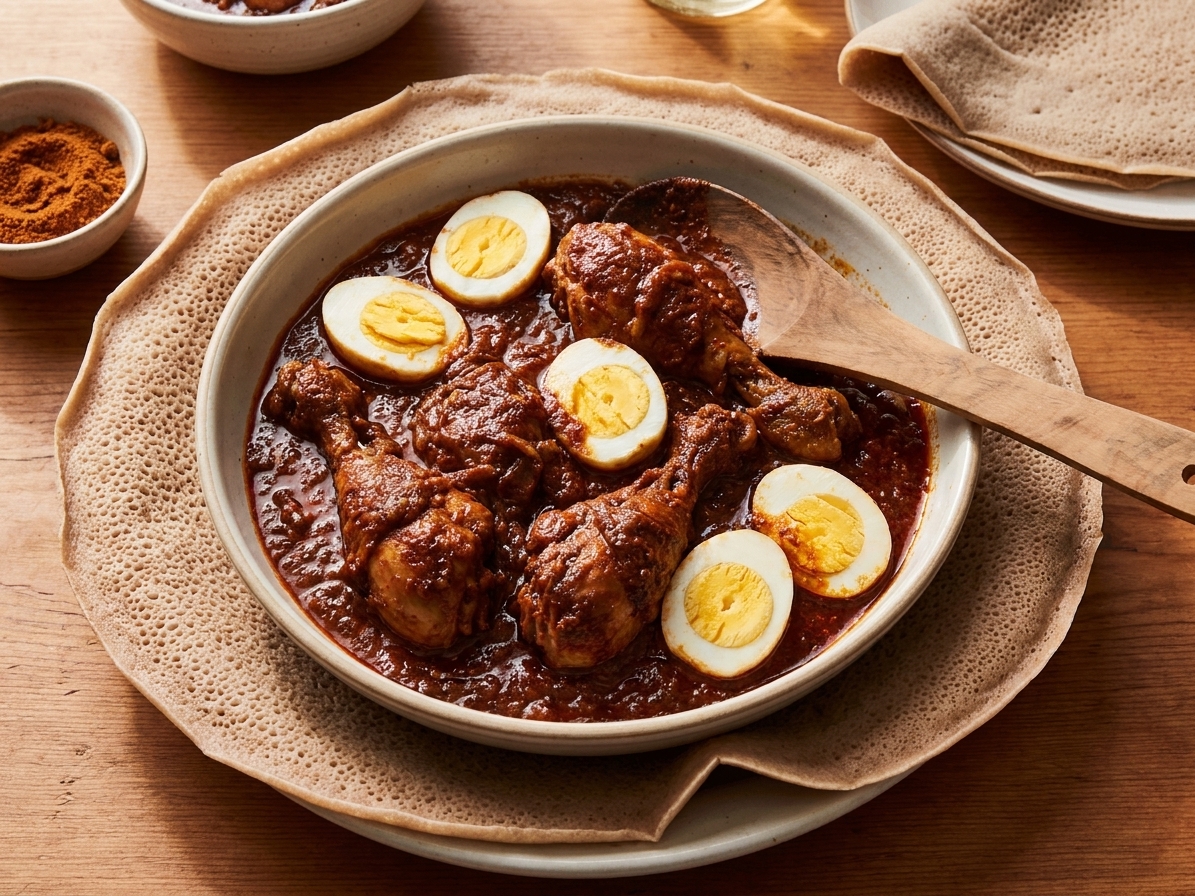 A bowl of Ethiopian doro wat with tender chicken and hard-boiled eggs, served with injera on a warm-toned wooden table