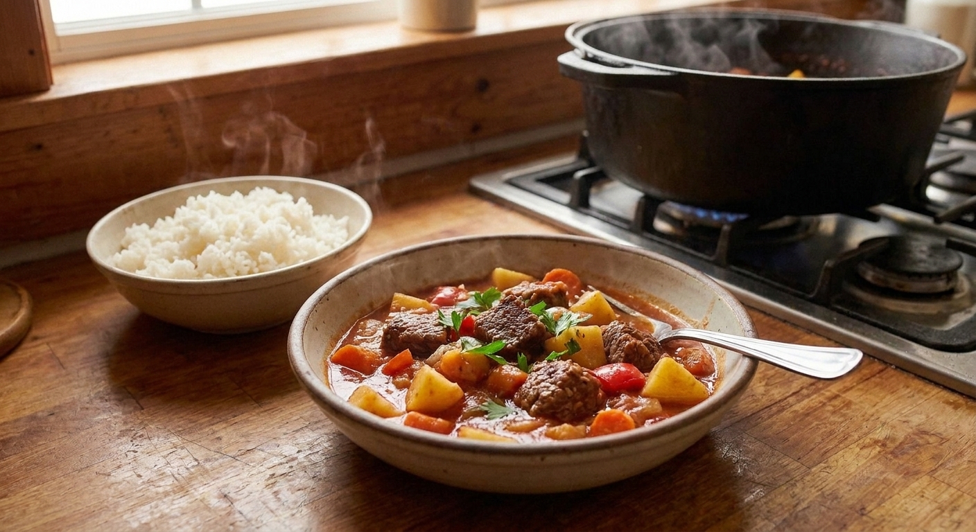 A bowl of Filipino beef caldereta with tender beef chunks, potatoes, carrots, and red bell pepper in a glossy tomato sauce, served with steamed rice on a warm wooden table