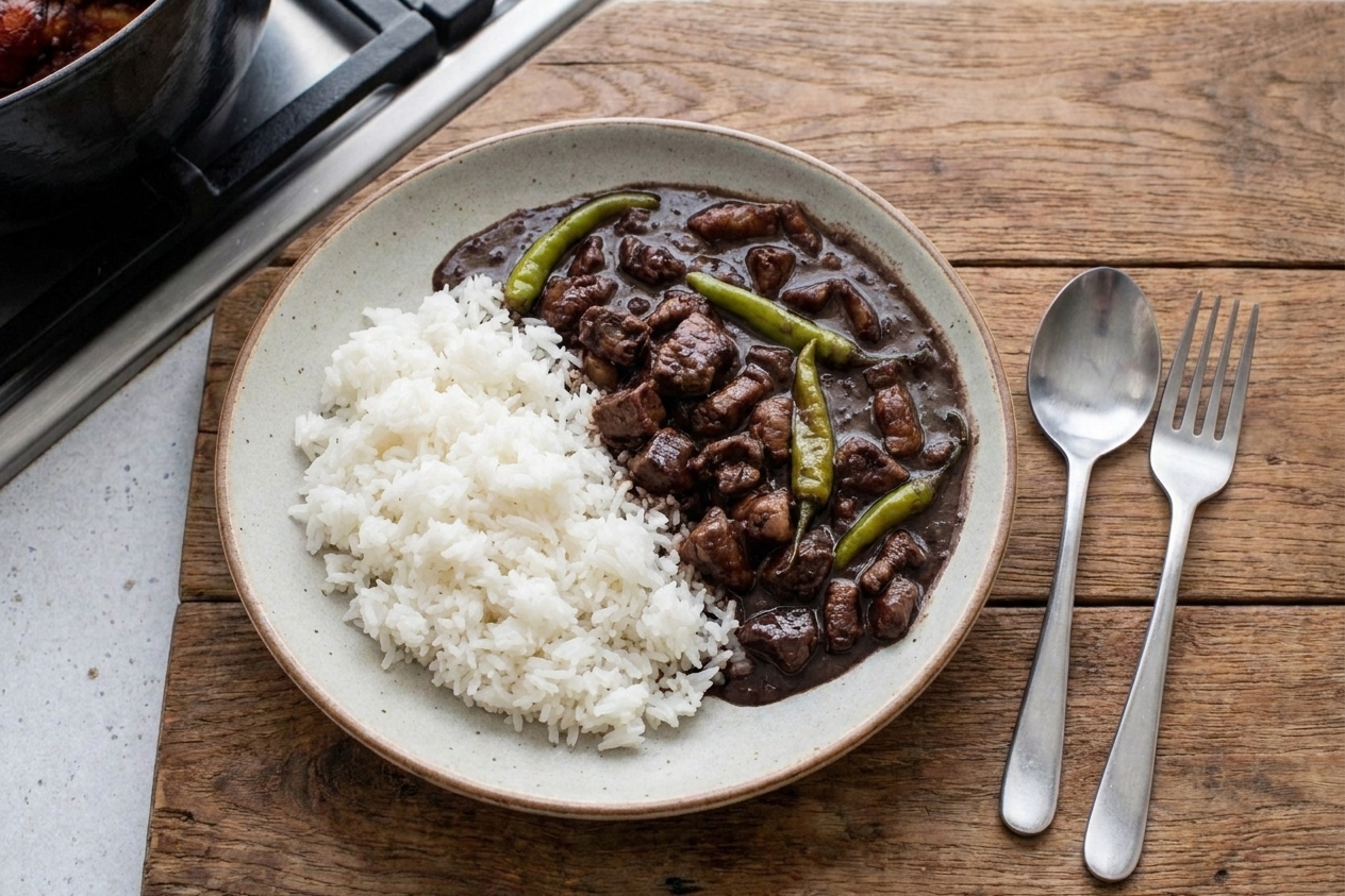 A bowl of Filipino dinuguan with tender pork pieces in a dark, glossy gravy, served with steamed rice on a simple wooden table