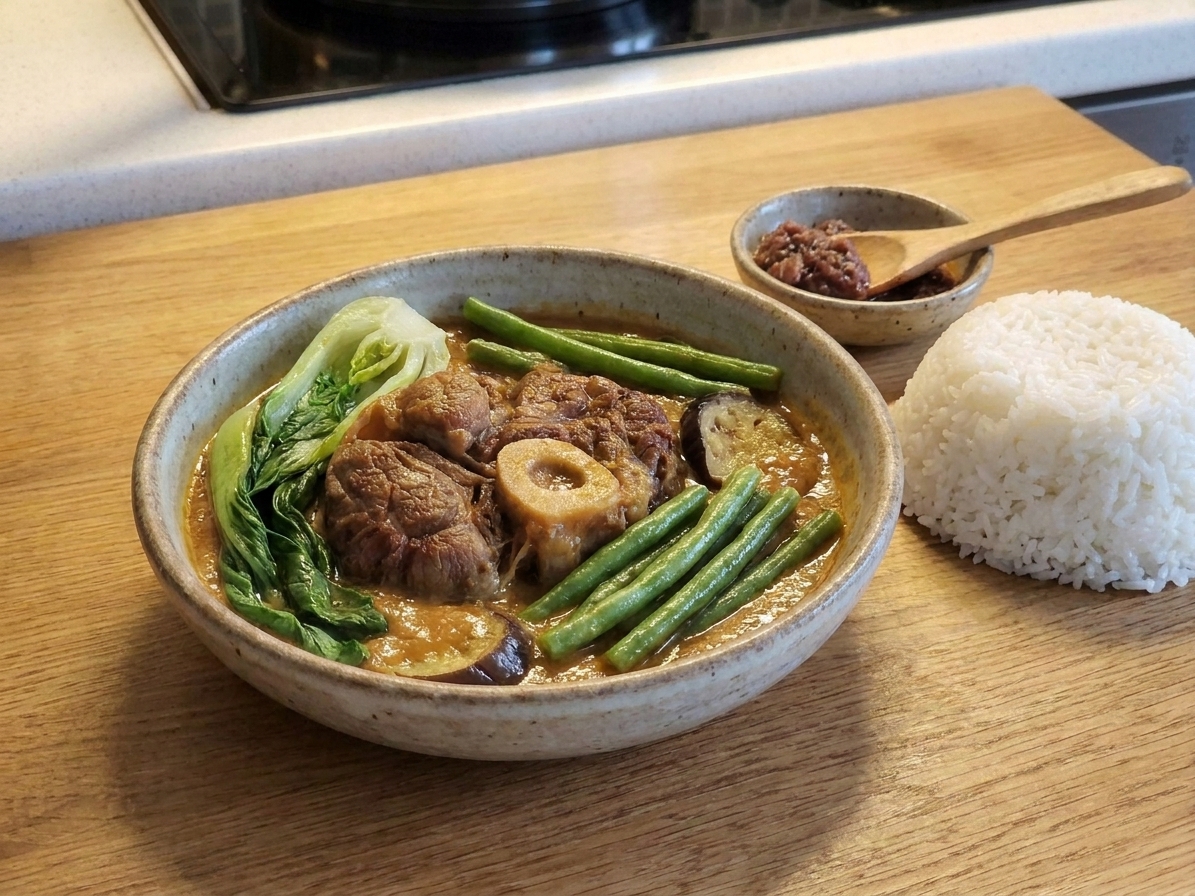 A bowl of Filipino kare-kare with glossy peanut sauce, tender beef, bok choy, and long beans, served with steamed rice and a small dish of bagoong on a warm kitchen table