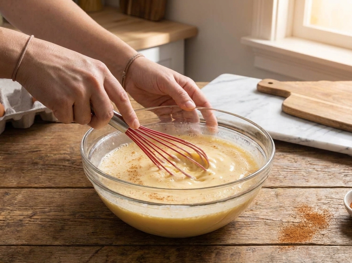 A bowl of French toast custard being whisked until smooth on a kitchen counter, eggs and spices fully mixed