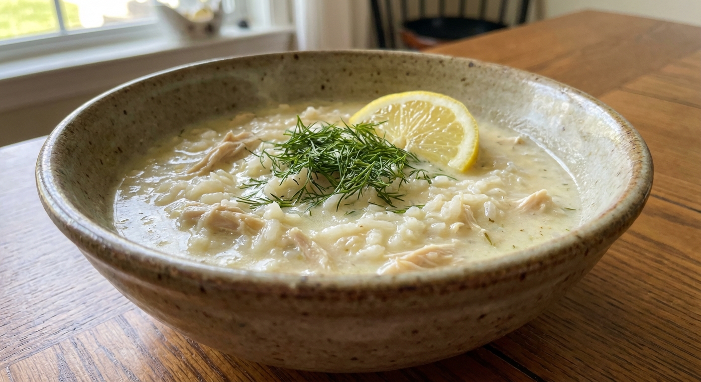 A bowl of Greek lemon rice soup with dill on top