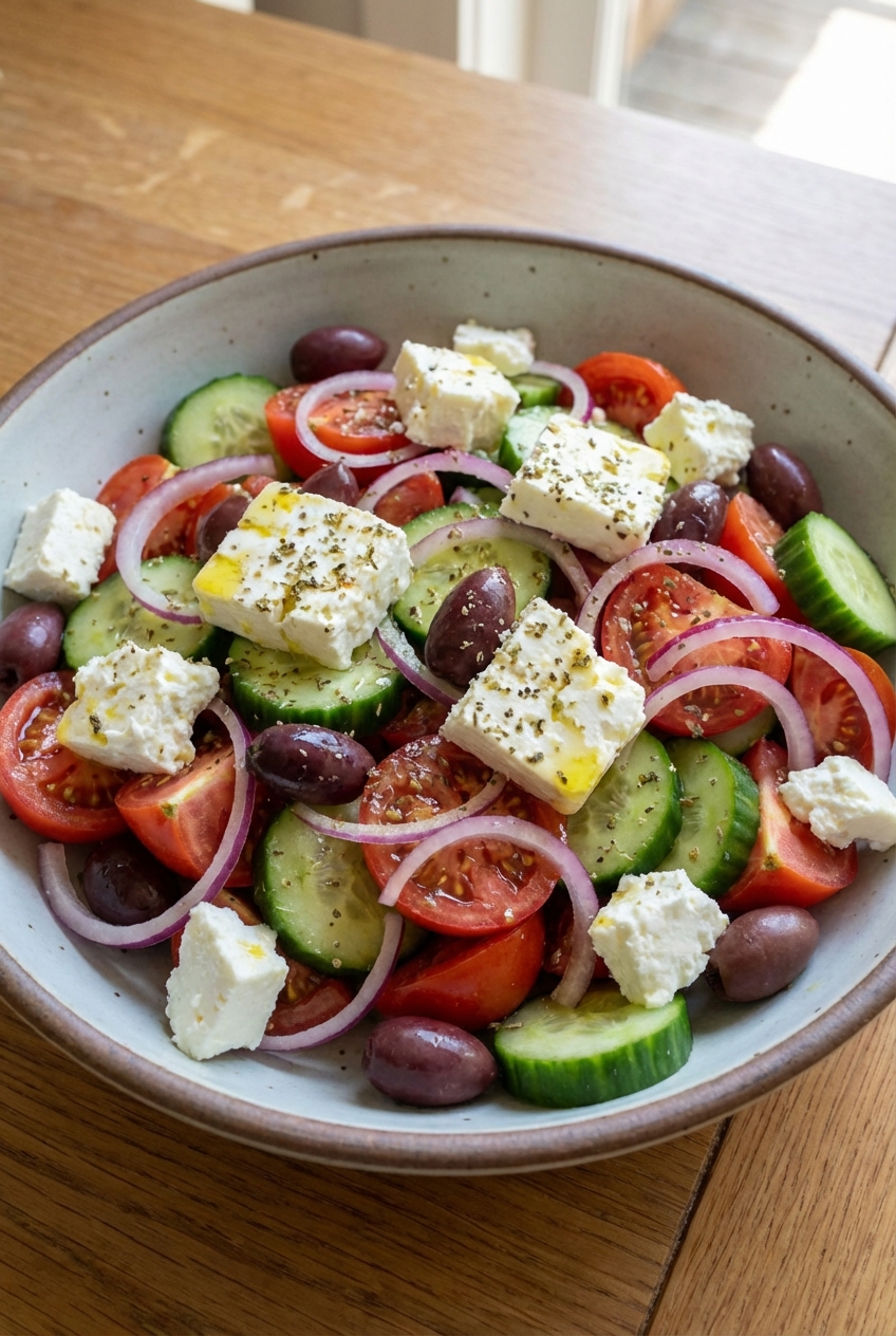 A bowl of Greek salad with tomatoes, cucumbers, red onion, olives, and feta